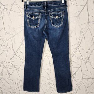 Silver Dark Wash Stretch Denim Flap Pocket Mid Rise Slim Boot Jeans